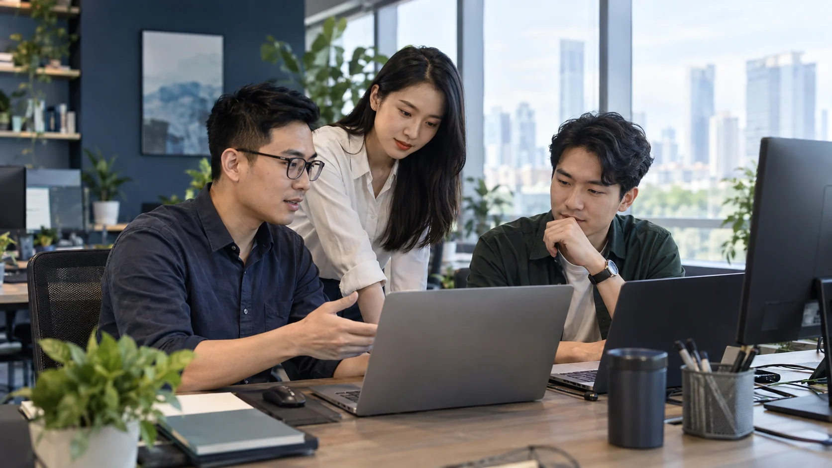 Ba kỹ sư Việt Nam cùng trao đổi về công nghệ tại văn phòng